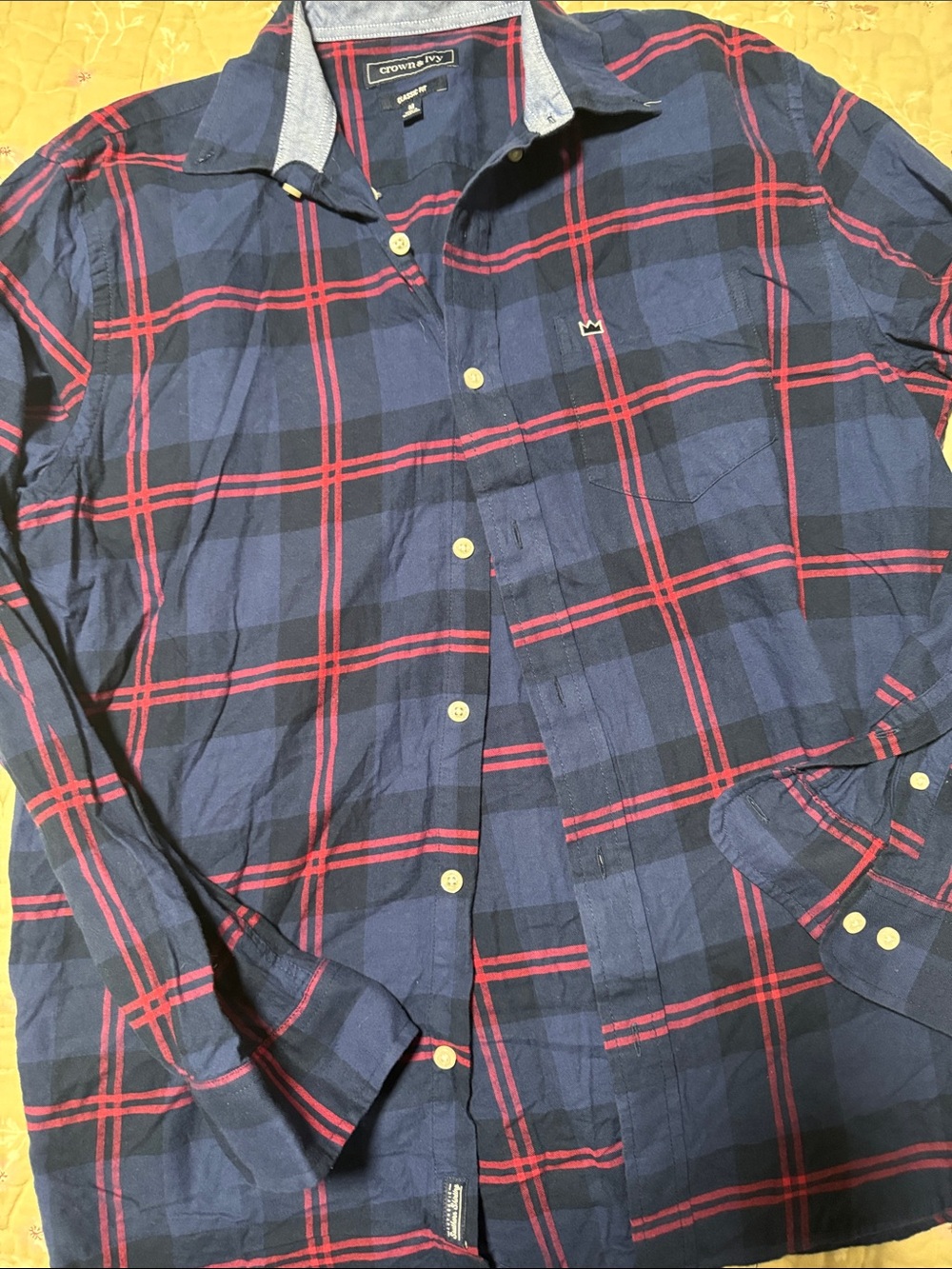 crown & ivy Navy and Red Plaid Long-Sleeve Button-Down Shirt